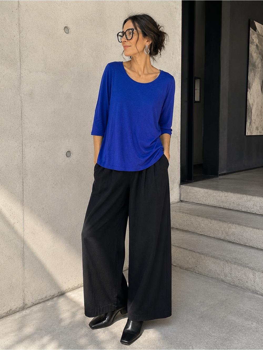 Eileen Fisher Silk Cotton Top Large Cobalt Blue 3/4 Sleeve Scoop Neck